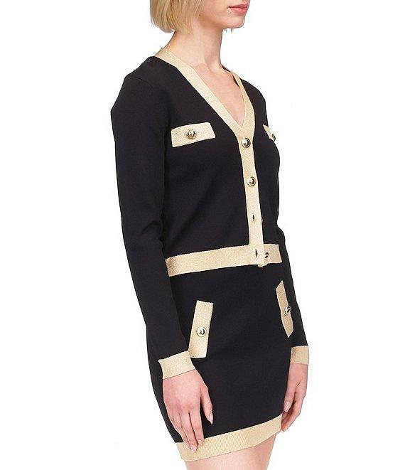 Michael Kors Metallic Trim V-Neck Long Sleeve Gold Button Cardigan Product Image