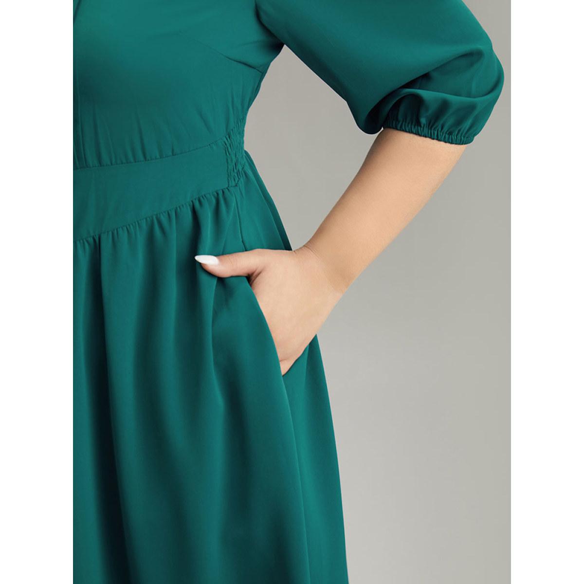 Plus Size Anti-Wrinkle Square Neck Pleated Gathered Dress Aegean Women Vacation Elastic cuffs Square Neck Elbow-length sleeve Curvy Midi Dress BloomChic 10/M Product Image