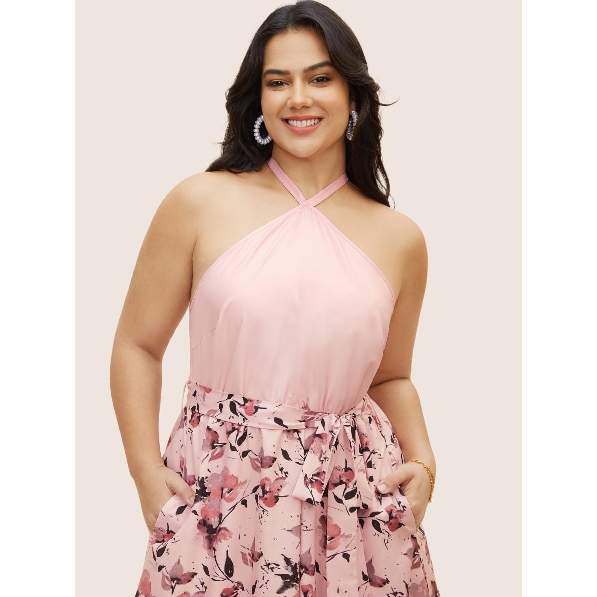 Plus Size Halter Neck Floral Patchwork Midi Dress Nudepink Women Elegant Belted Halter neck Sleeveless Curvy BloomChic 28/5X Product Image