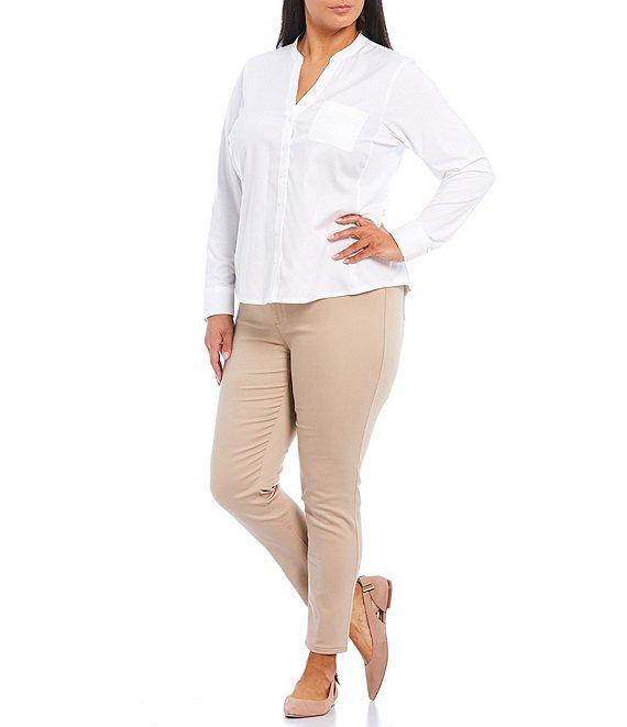 Calvin Klein Plus Size Mixed Media Long Sleeve Split Round Neck Button Front Top Product Image