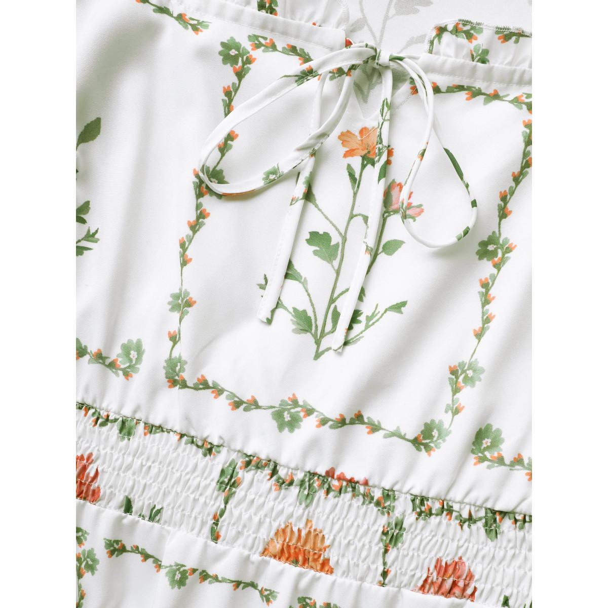 Plus Size Boho Print Tie Knot Shirred Lantern Sleeve Dress Originalwhite Women Timeless Square Neck Short sleeve Curvy BloomChic 14-16/1X Product Image