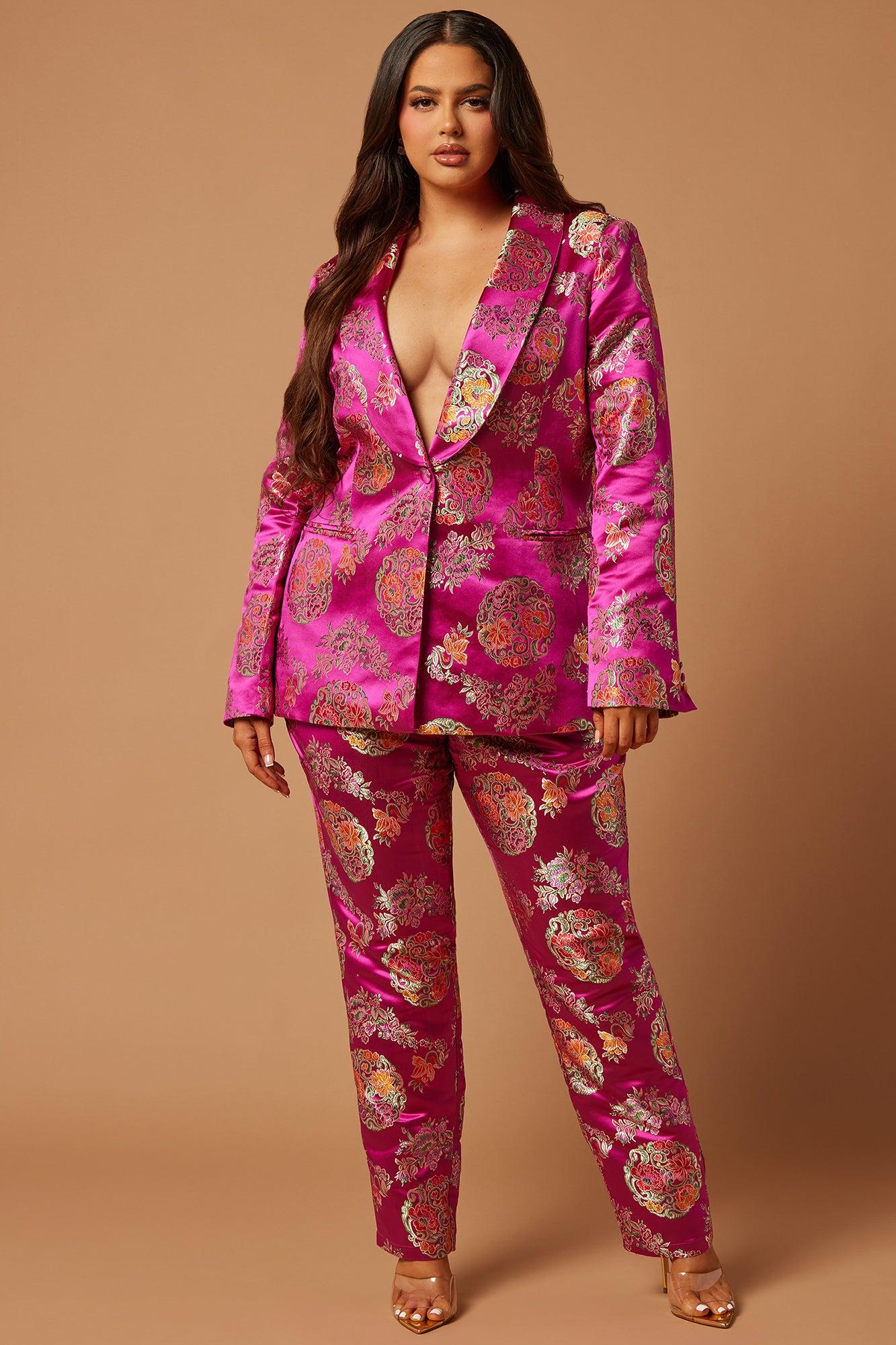 Margo Satin Embroidered Blazer Suit Set - Fuchsia Product Image