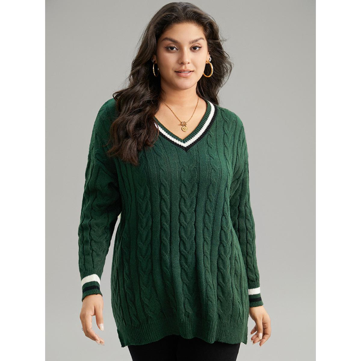 Plus Size Cable Knit Contrast Trim Drop Shoulder Pullover DarkGreen Women Casual Loose Long Sleeve V-neck Dailywear Pullovers BloomChic 22-24/3X Product Image