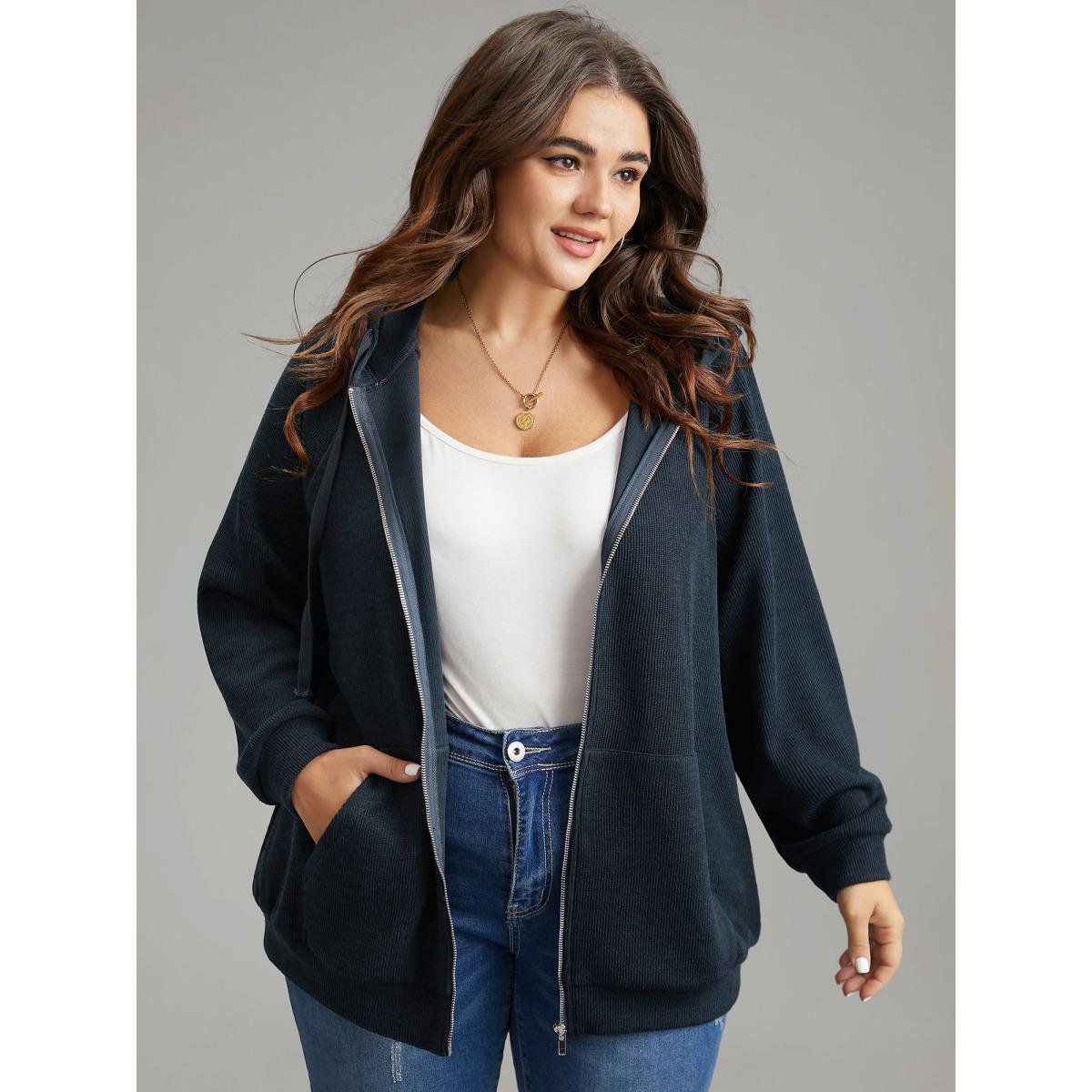 Plus Size Rib Knit Raglan Sleeve Hooded Drawstring Sweatshirt Women Indigo Casual Texture Hooded Dailywear Sweatshirts BloomChic 12/L Product Image
