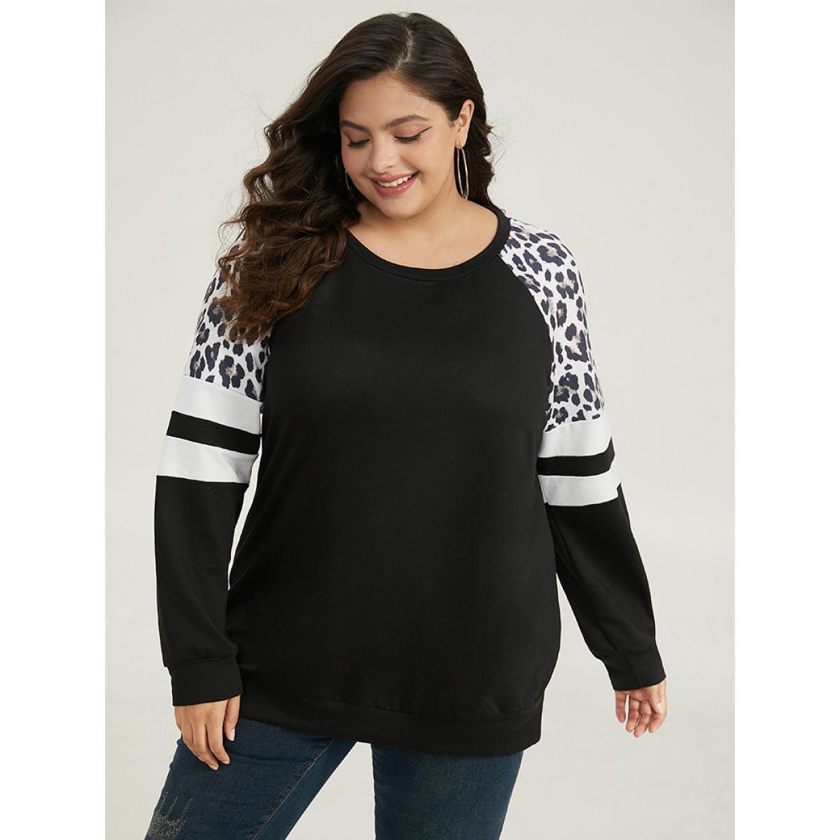 Plus Size Leopard Striped Patchwork Raglan Sleeve Sweatshirt Women Black Casual Contrast Round Neck Dailywear Sweatshirts BloomChic 26/4X Product Image