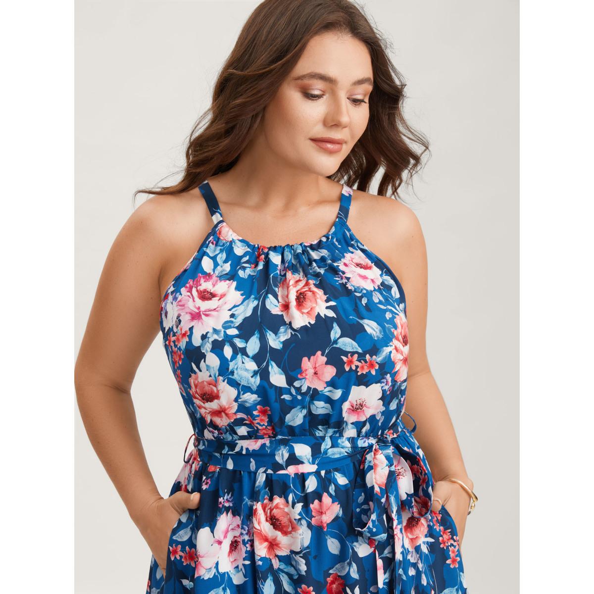 Plus Size Floral Stretchy-Waist Belted Midi Dress Indigo Women Round Neck Sleeveless Curvy BloomChic 28/5X Product Image