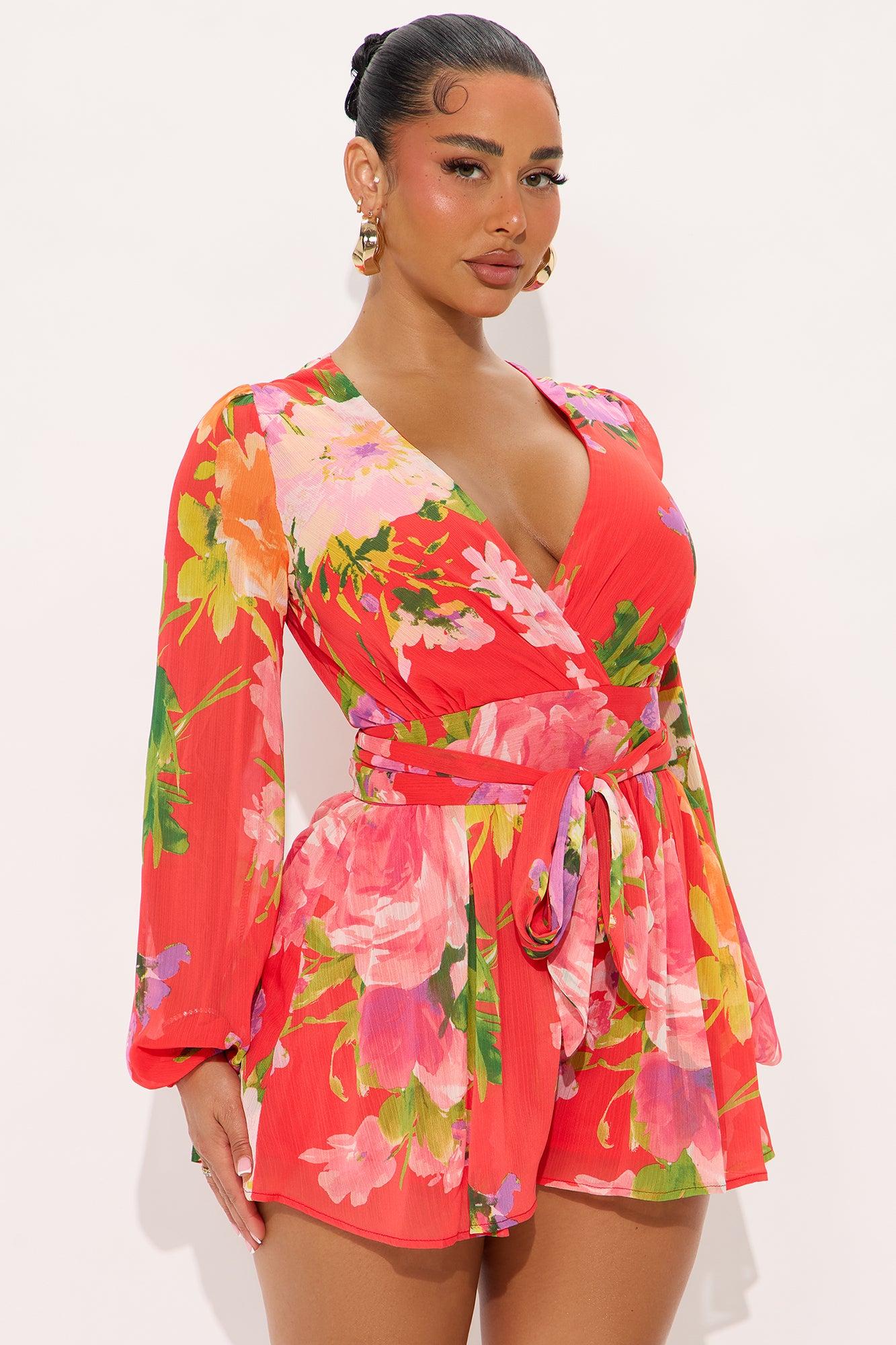 Camilla Long Sleeve Chiffon Romper - Red/combo Female Product Image