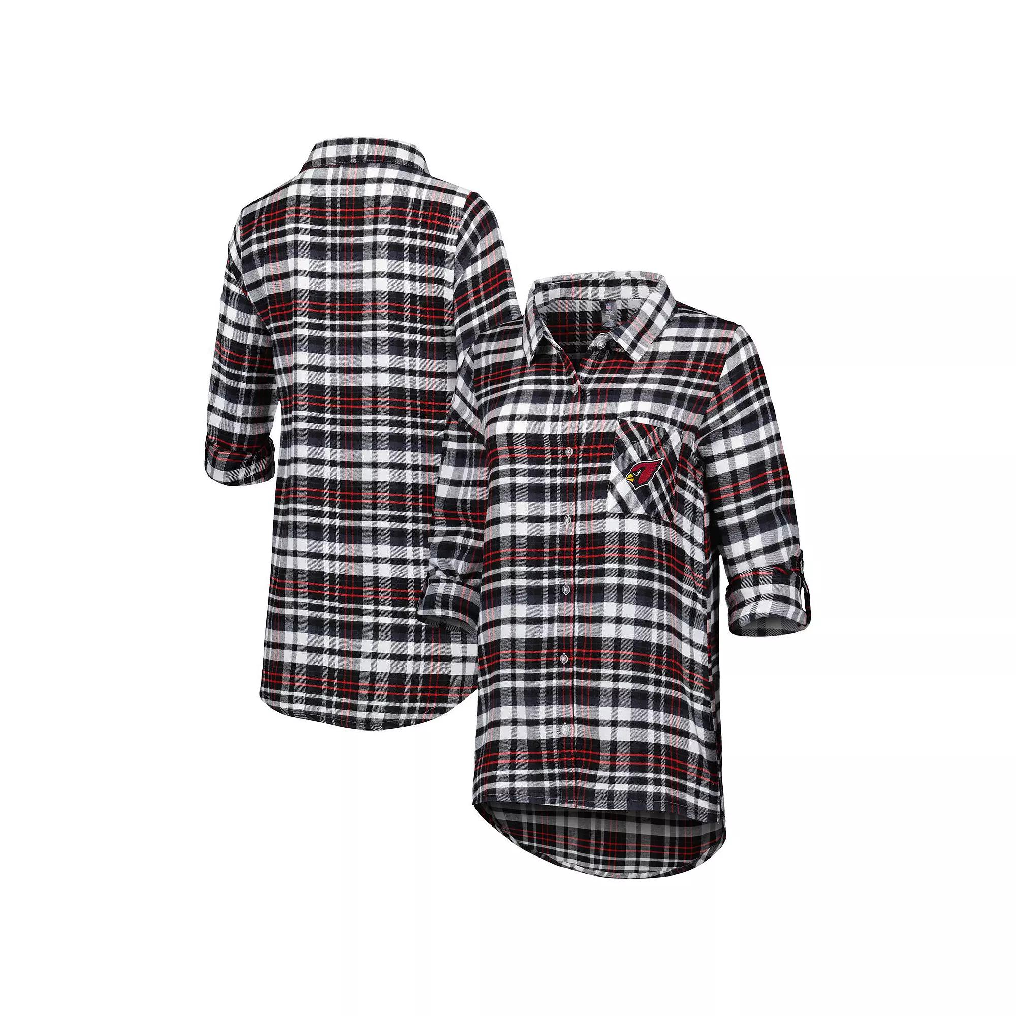 Women's Concepts Sport Black Arizona Cardinals Mainstay Plaid Full-Button Long Sleeve Nightshirt,  Product Image