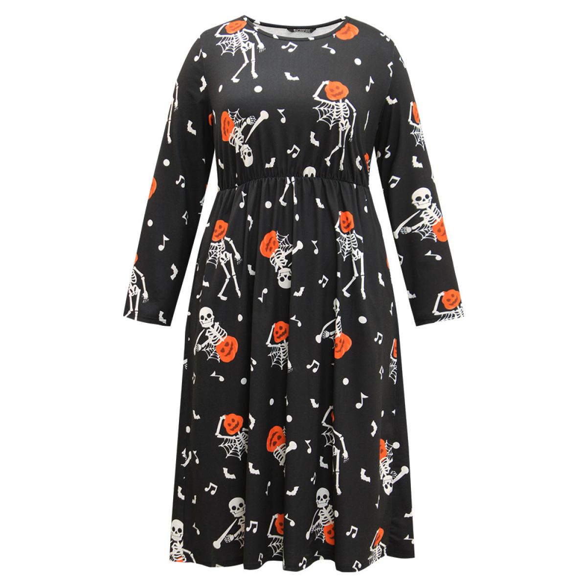 Plus Size Halloween Print Pocket Crew Neck Elastic Waist Dress Black Women Casual Printed Round Neck Long Sleeve Curvy Midi Dress BloomChic 12/L Product Image