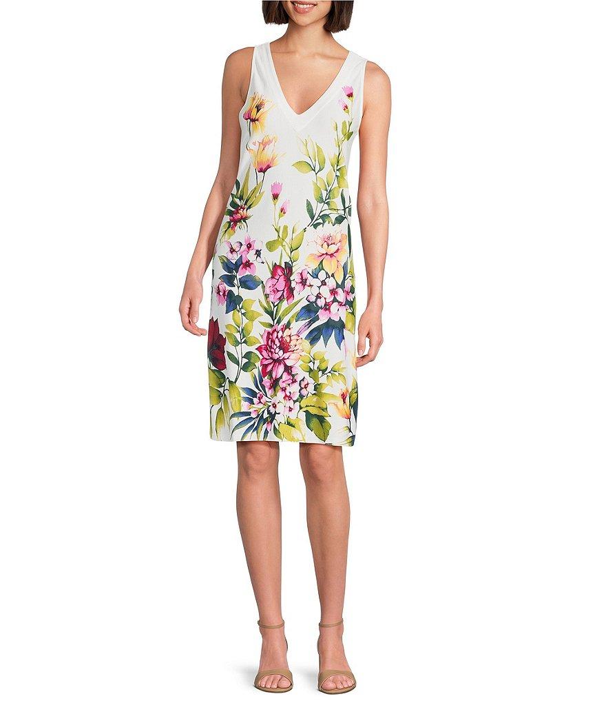 Tommy Bahama Darcy Verde Bloom Printed Drapery Ponte Jersey V-Neck Sleeveless Sheath Dress Product Image