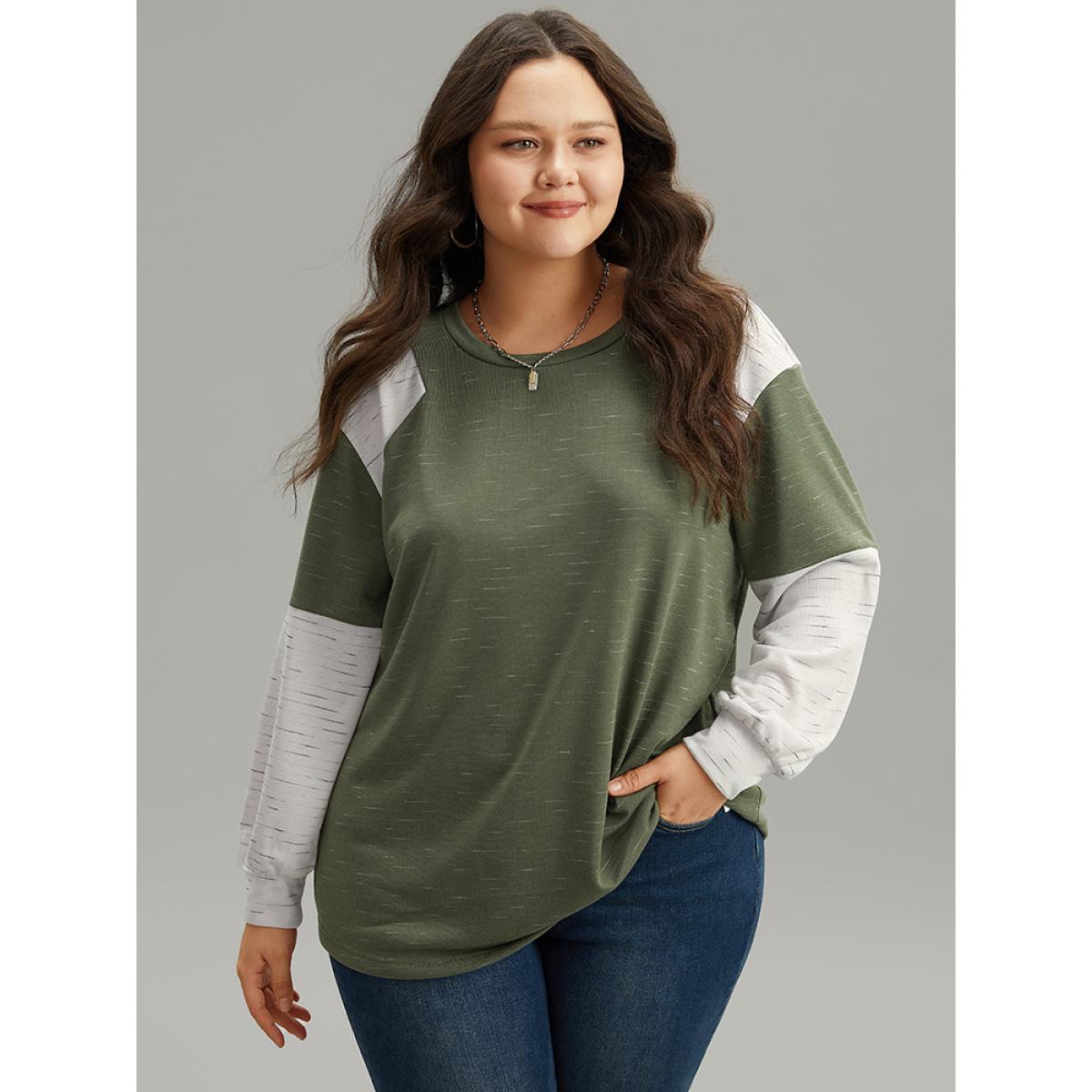 Plus Size Colorblock Patchwork Raglan Sleeve Sweatshirt Women ArmyGreen Casual Contrast Round Neck Everyday Sweatshirts BloomChic 28/5X Product Image