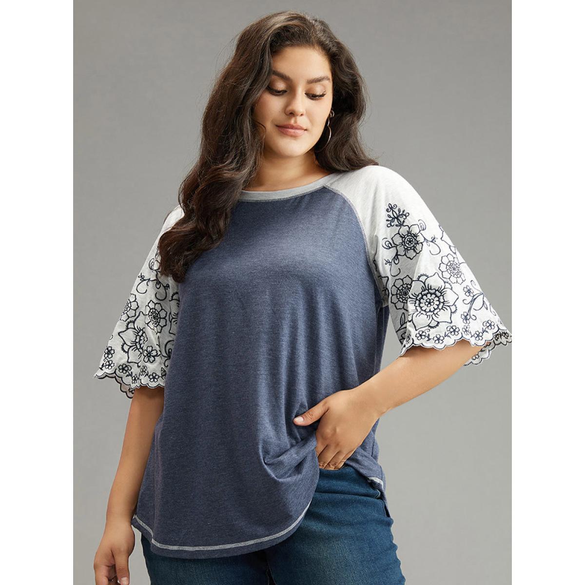 Plus Size Contrast Embroidered Scalloped Trim T-shirt Indigo Women Elegant Contrast Silhouette Floral Print Round Neck Dailywear T-shirts BloomChic 14-16/1X Product Image