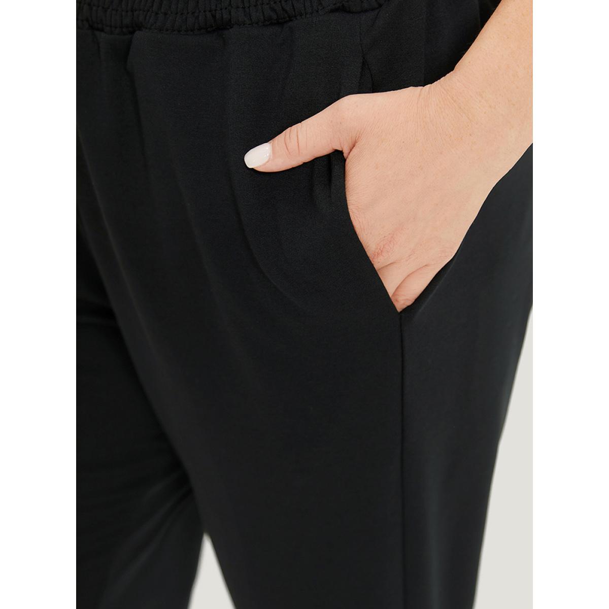 Solid Pocket Bowknot Shirred Sweatpants Black Plus Size Women Casual Dailywear Drawstring 26/4X Bloomchic Product Image