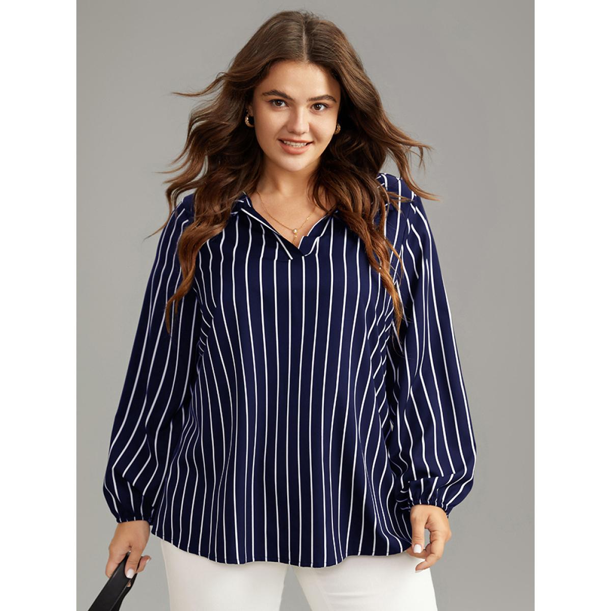 Plus Size Indigo Striped Shirt Collar Lantern Sleeve Blouse Women Office Long Sleeve Shirt collar Office Blouses BloomChic 10/M Product Image