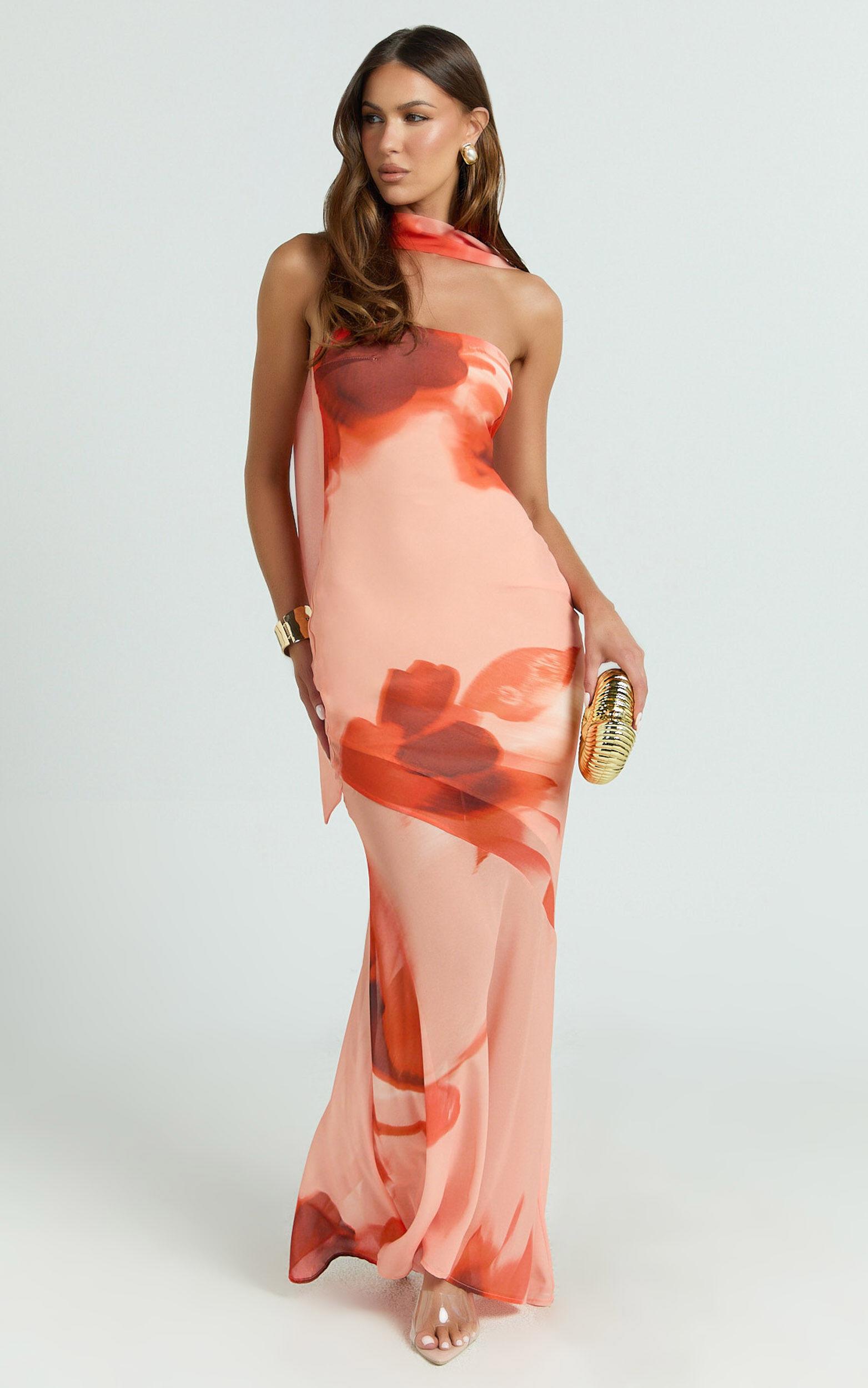 Angie Maxi Dress - Strapless Bias Column Dress with Scarf in Orange Product Image