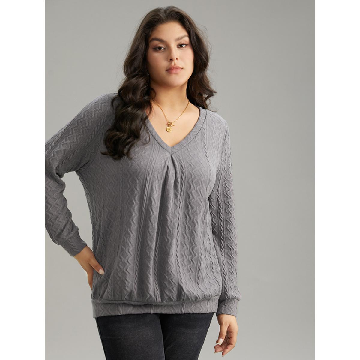 Plus Size Plain Geometric Textured Plicated Detail Sweatshirt Women Gray Casual Texture V-neck Dailywear Sweatshirts BloomChic 12/L Product Image