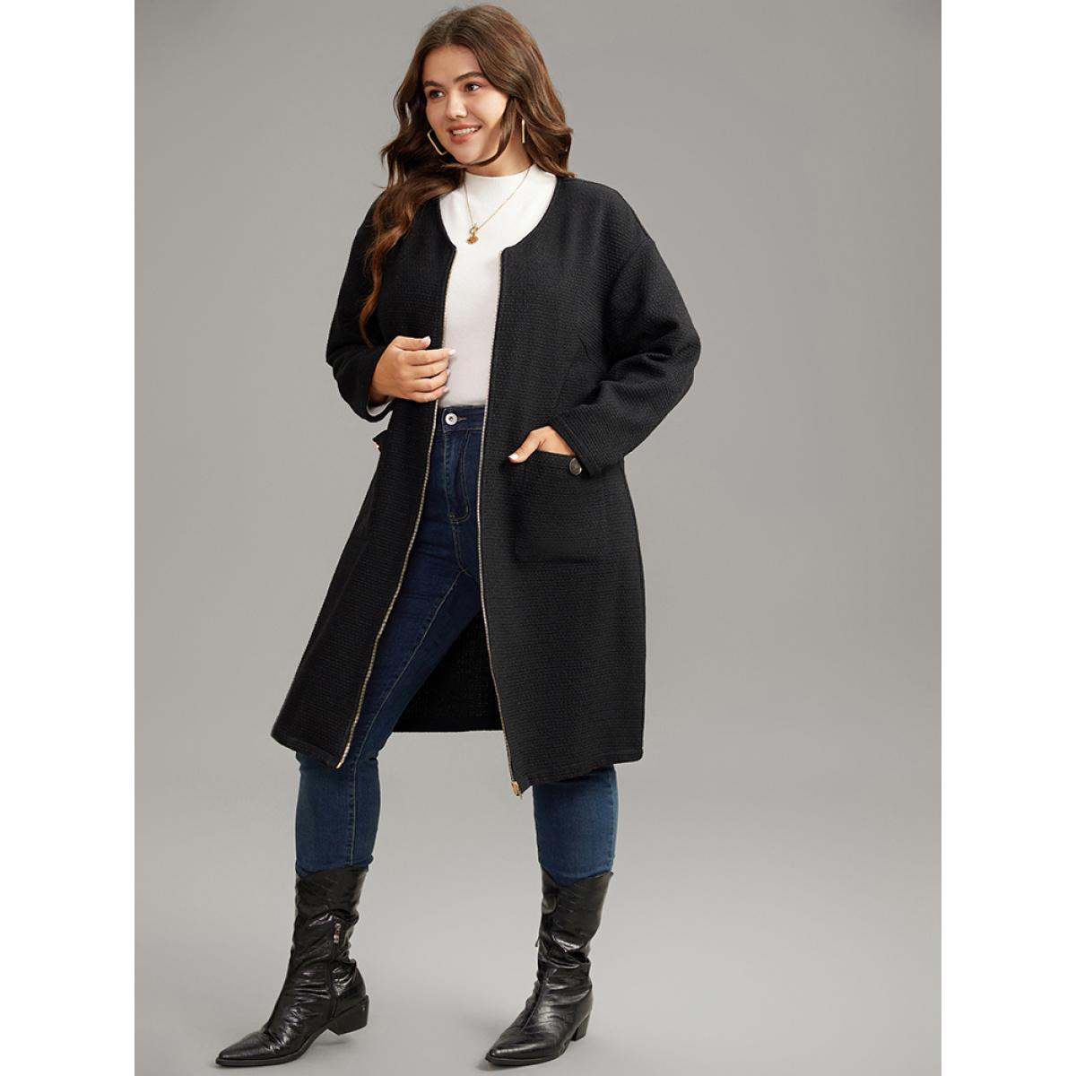 Plus Size Solid Tweed Pocket Metai Detail Zipper Coat Women Black Casual Plain Ladies Dailywear Winter Coats BloomChic 18-20/2X Product Image