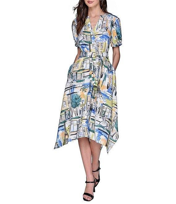 KARL LAGERFELD PARIS Handkerchief Hem Split V-Neckline Short Sleeve Button Front Shirt Midi Dress Product Image