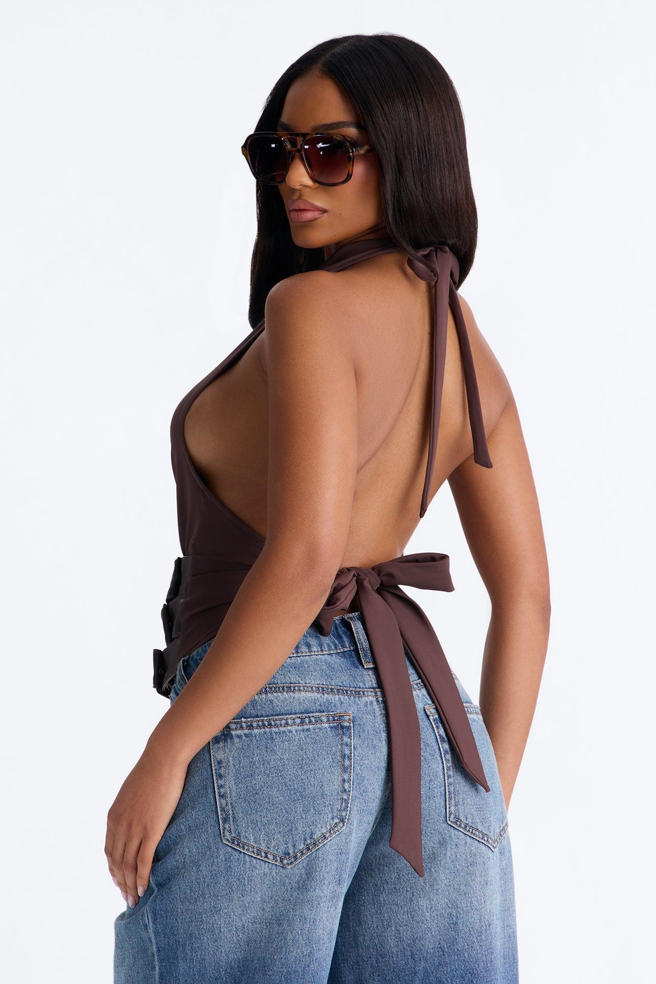 Cleo Cowl Neck Belted Halter Top - Brown Female Product Image