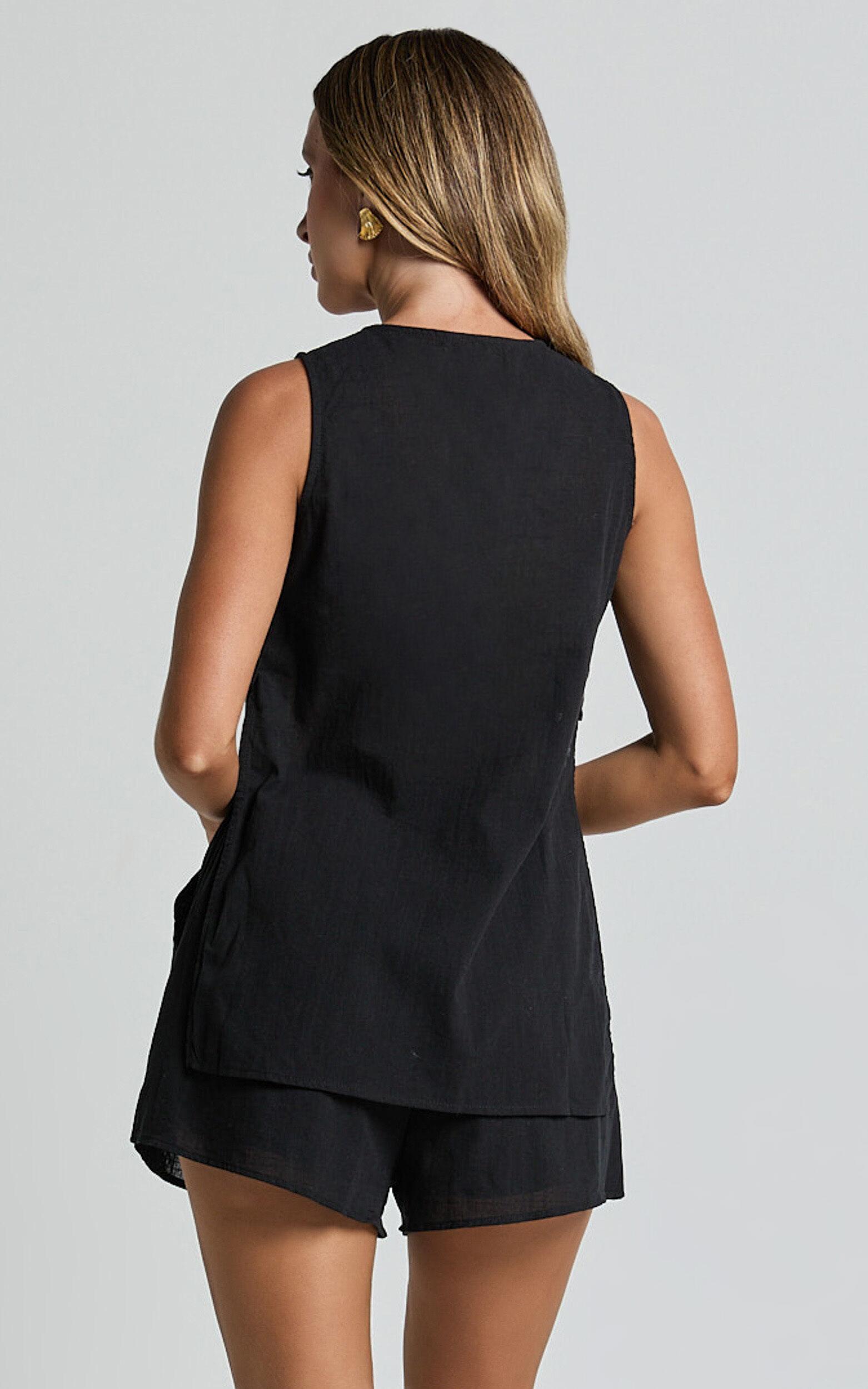 Devon Two Piece Set - Open Side Detail Top & Short Linen Set in Black Product Image