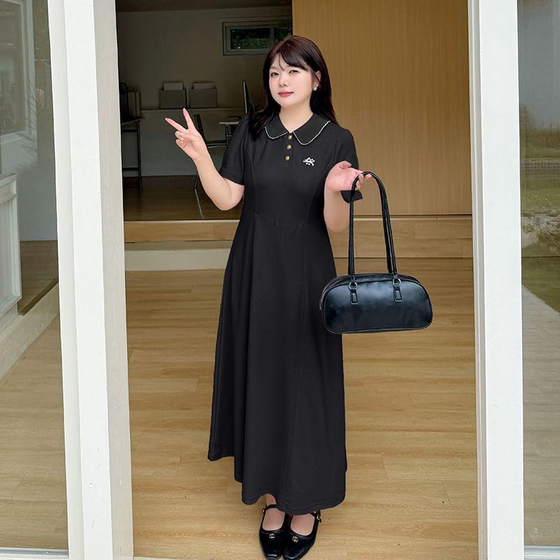Short-Sleeve Embroidered Contrast Trim Polo Shirt / Short-Sleeve Collar A-Line Dress (Various Designs) Product Image