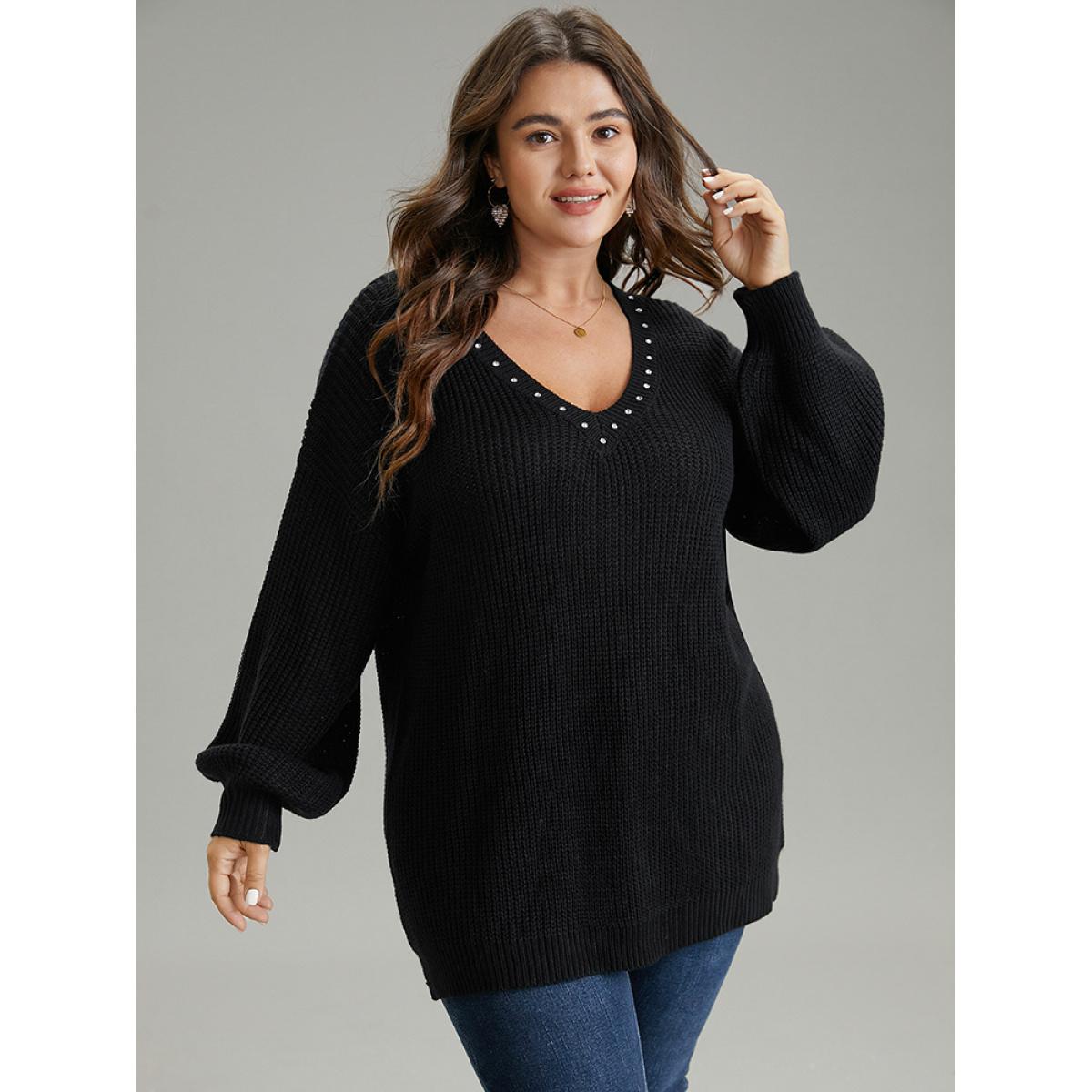 Plus Size Rhinestone V Neck Drop Shoulder Pullover Black Women Casual Loose Long Sleeve V-neck Dailywear Pullovers BloomChic 18-20/2X Product Image