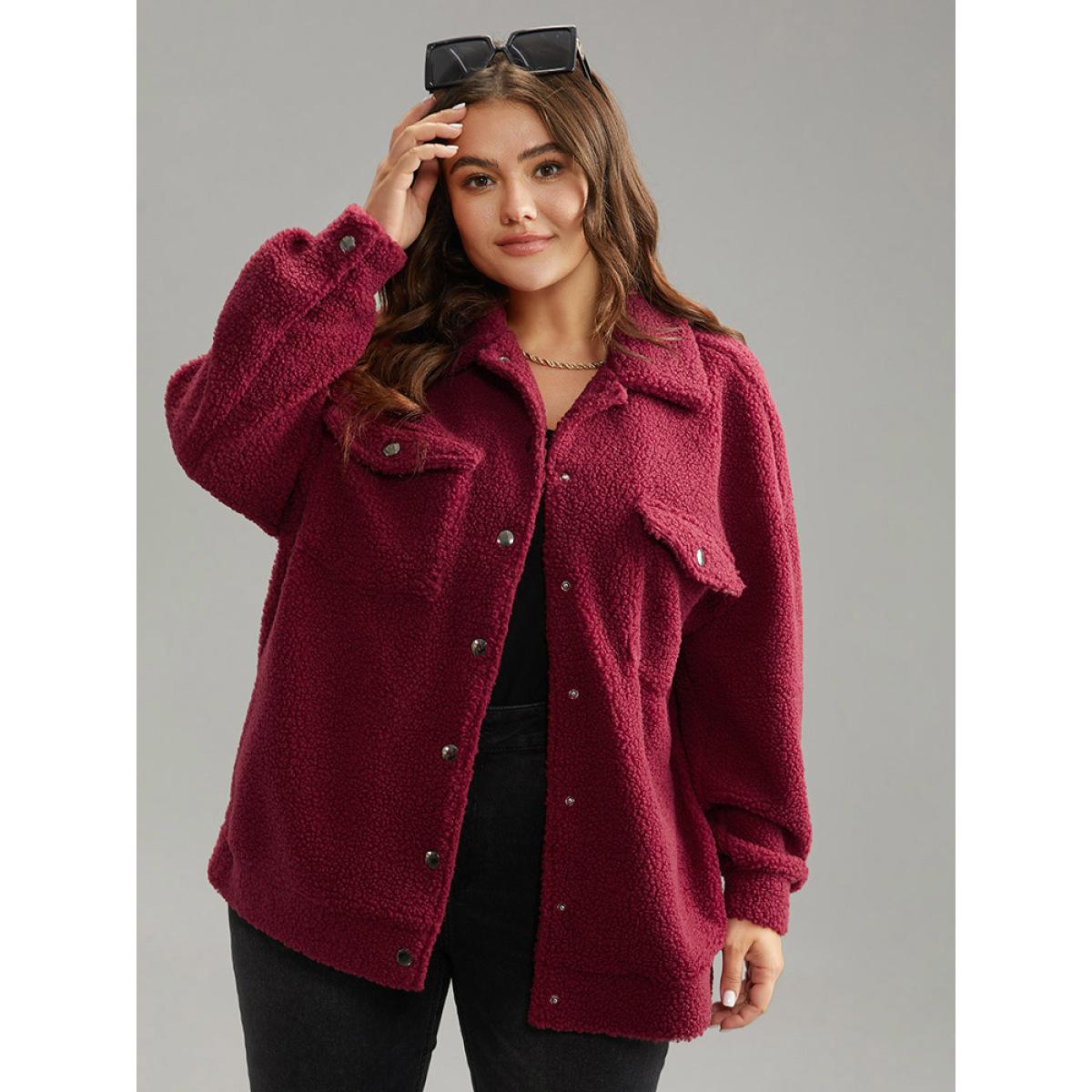 Plus Size Fuzzy Solid Flap Pocket Button Fly Coat Women Russet Casual Texture Ladies Everyday Winter Coats BloomChic 22-24/3X Product Image