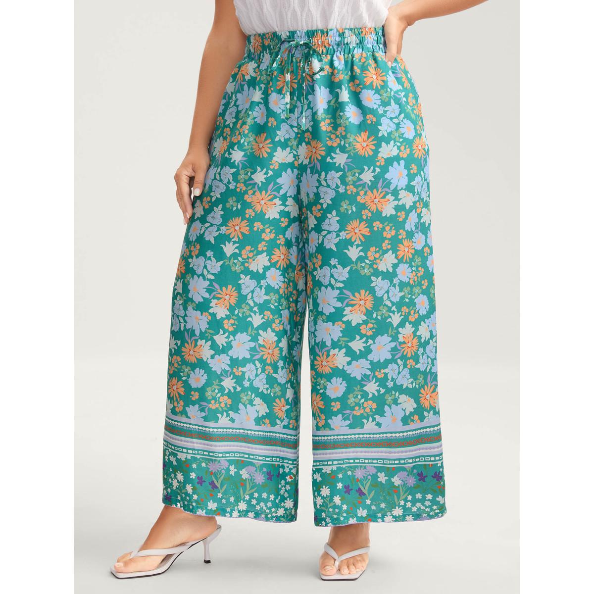 Plus Size Breezy Floral Print Wide-Leg Pants Women Turquoise Elegant Wide Leg Mid Rise Everyday-Elegant Pants BloomChic 28/5X Product Image