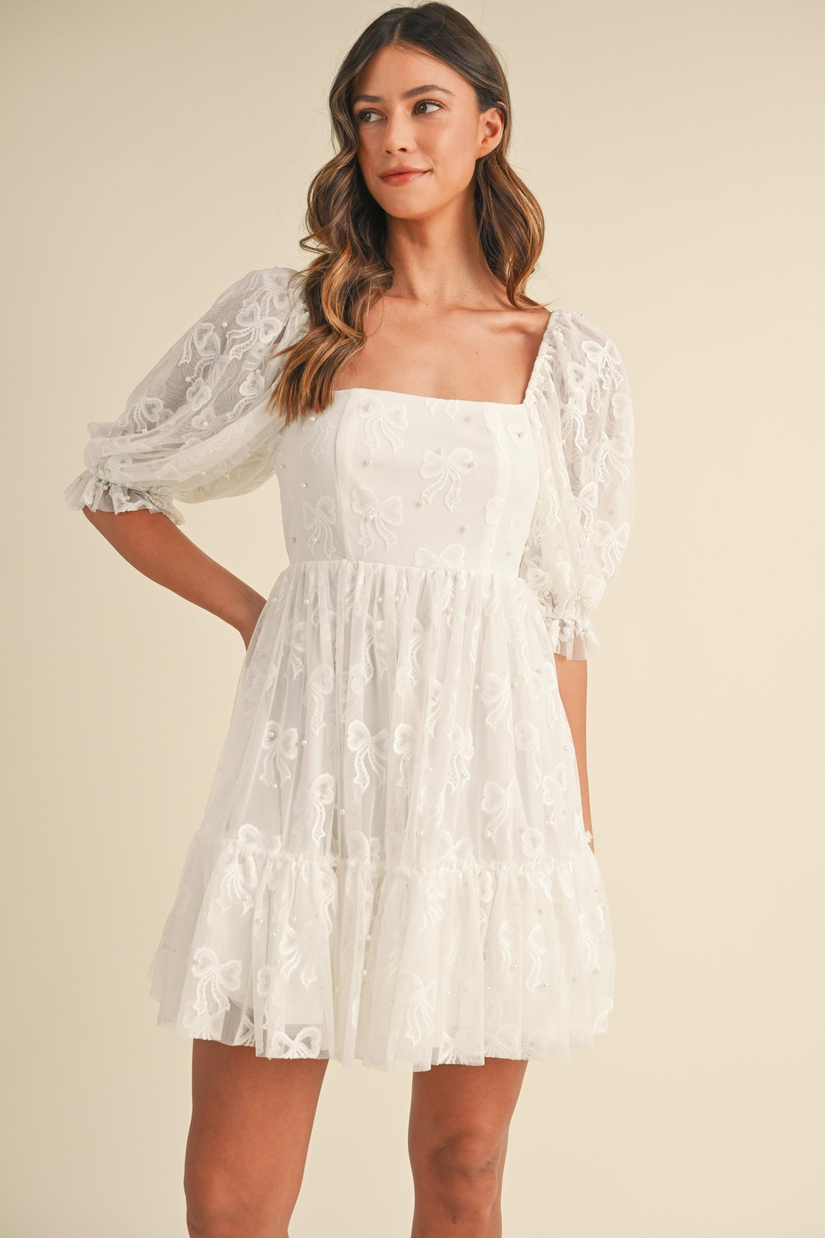 Jacquard Bow & Pearl Detail Mesh Dress Product Image