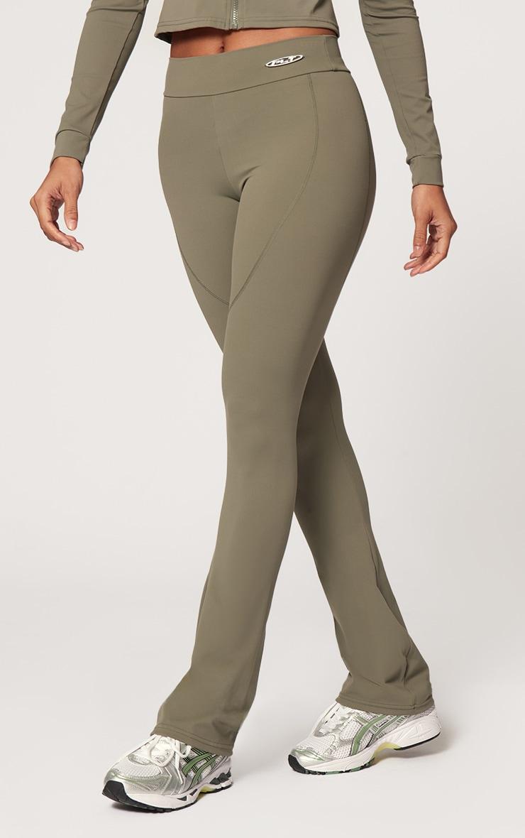 Olive Sport Metal Badge Sculpt High Waist Flare Pants Product Image