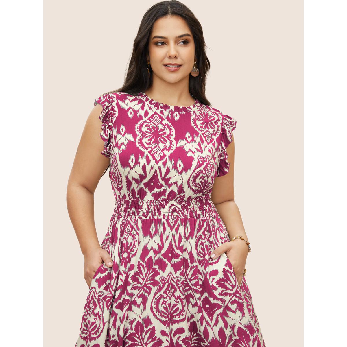 Plus Size Boho Print Mock Neck Shirred Ruffle Cap Sleeve Dress Rosered Women Resort Shirred Mock Neck Cap Sleeve Curvy Midi Dress BloomChic 30/6X Product Image