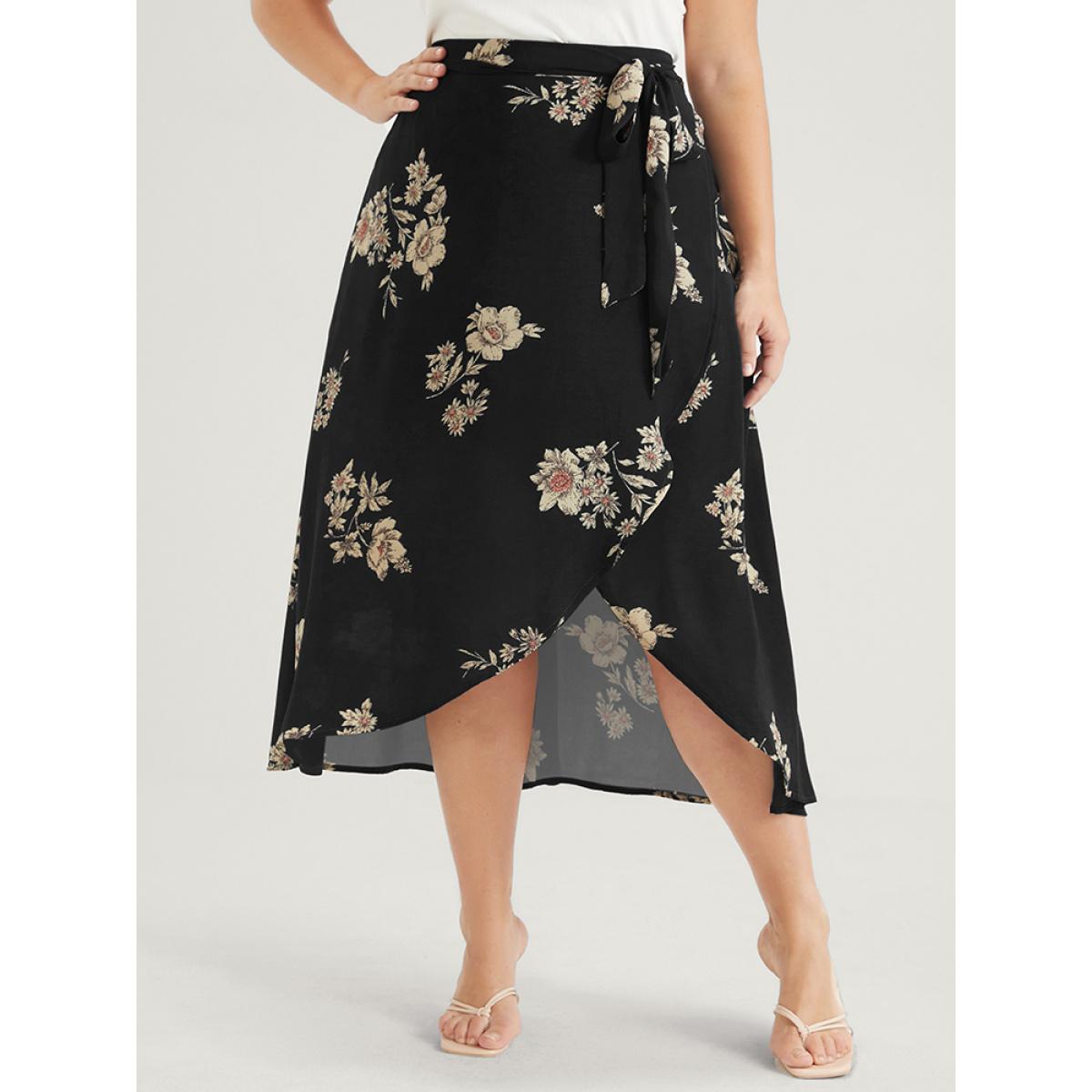 Plus Size Floral Knotted Elastic Waist Wrap Split Skirt Women Black Elegant Printed No stretch Belt Dailywear Skirts BloomChic 10/M Product Image