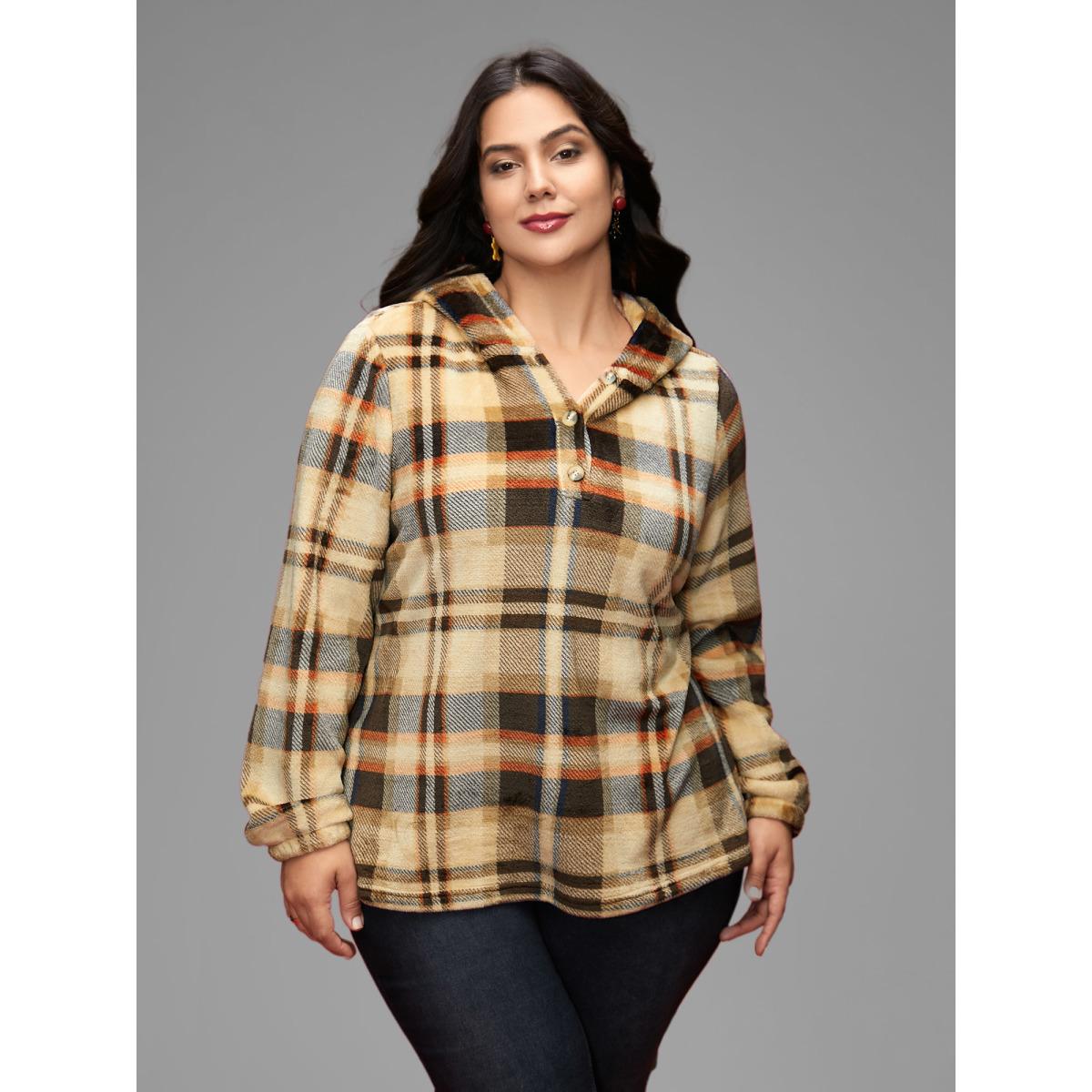 Plus Size Fuzzy Pullover Plaid Hoodie Women Multicolor Casual Button Loose Hooded Everyday Sweatshirts BloomChic 30/6X Product Image