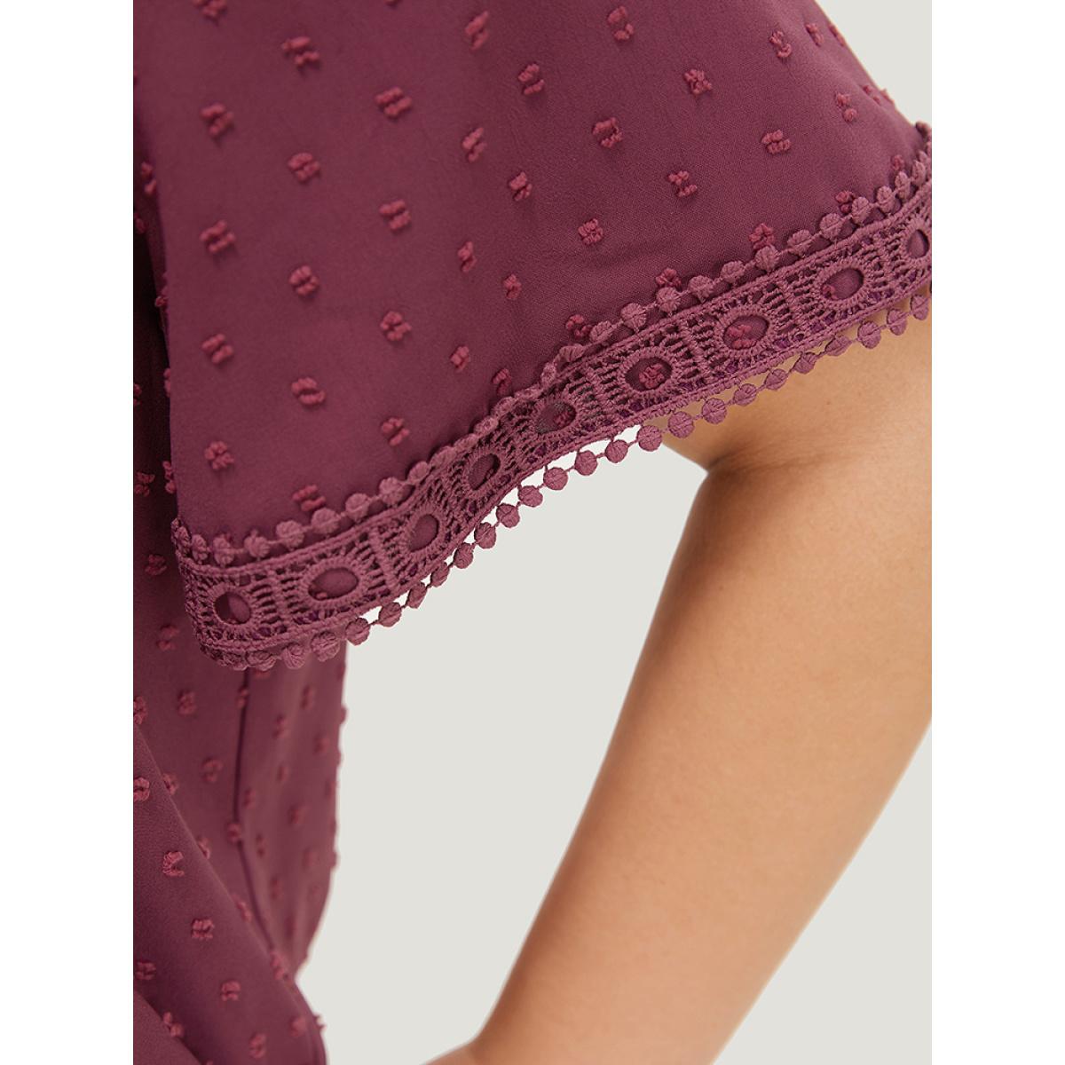 Plus Size RedViolet Polka Dot Gathered Lace Blouse Women Elegant Short sleeve Round Neck Dailywear Blouses BloomChic 10/M Product Image