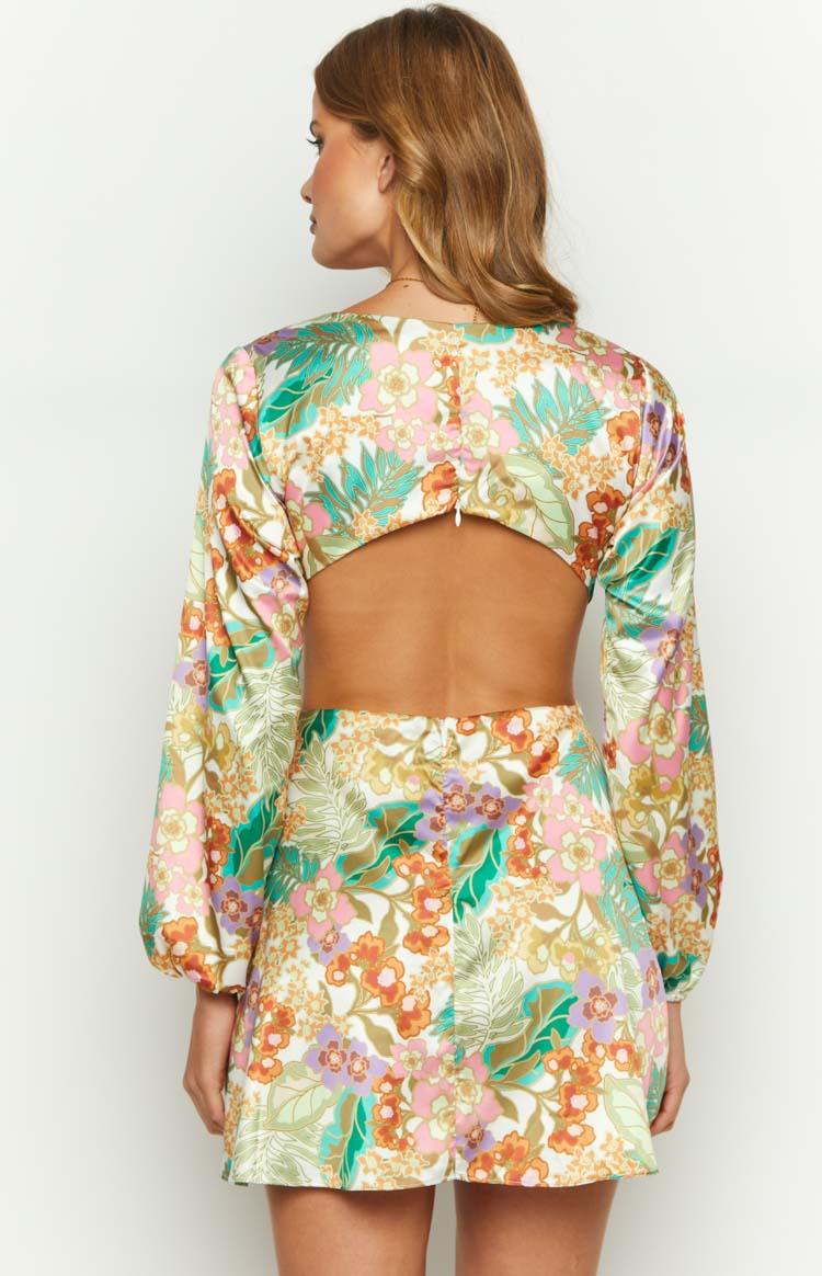 Mars Tropical Print Long Sleeve Twist Mini Dress Product Image