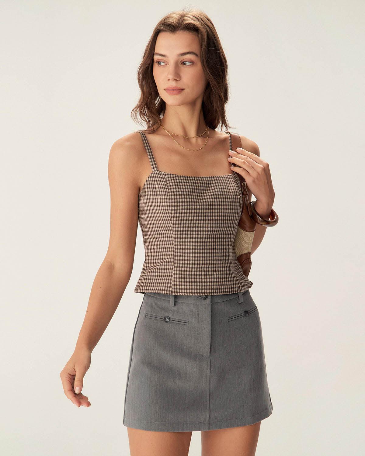 Brown Plaid Shirred Cami Top Product Image
