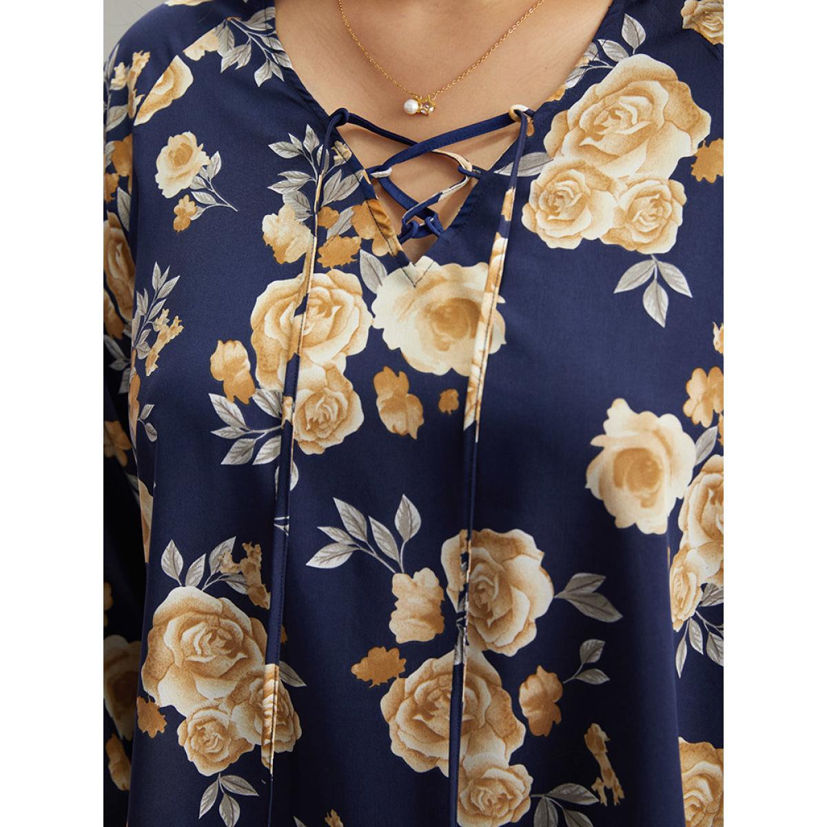 Plus Size Indigo Floral Print Lace Up Button Down Blouse Women Elegant Long Sleeve Tie Neck Dailywear Blouses BloomChic 10/M Product Image