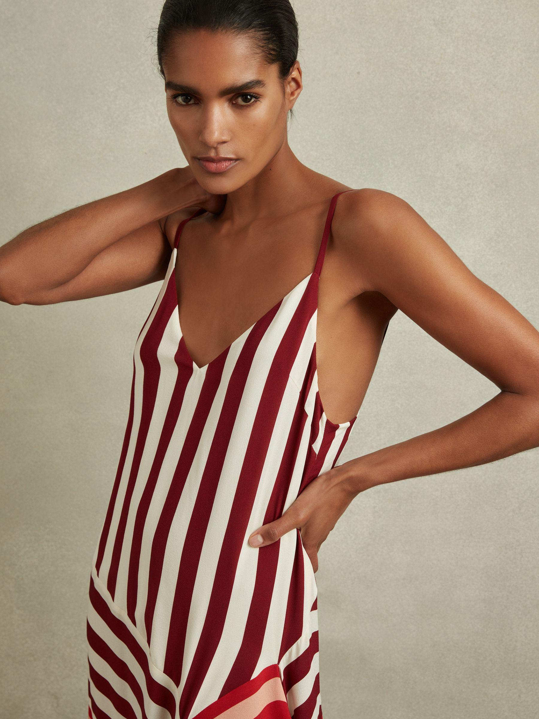Colourblock Stripe Asymmetric Midi Dress in Burgundy/Off White Product Image