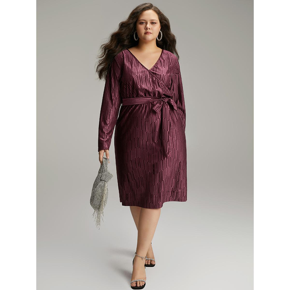 Plus Size Geometric Velvet Belted Split Hem Dress RedViolet Women Cocktail Wrap Overlap Collar Long Sleeve Curvy Knee Dress BloomChic 18-20/2X Product Image