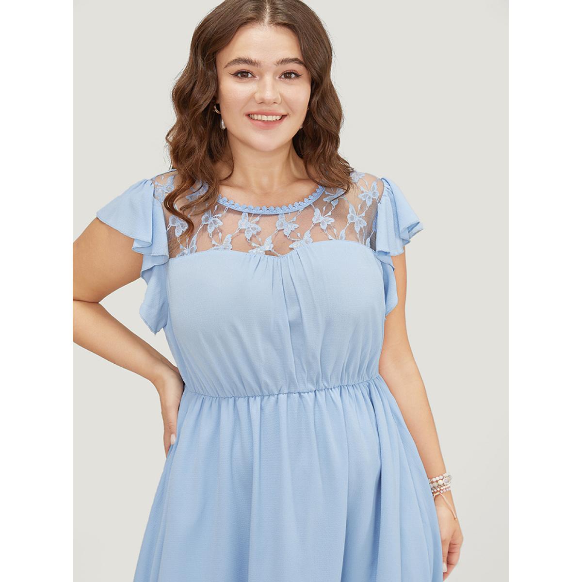 Plus Size Plain Butterfly Lace Cap Sleeve Pocket Ruffle Hem Dress LightBlue Women Office Lined Round Neck Cap Sleeve Curvy Midi Dress BloomChic 14-16/1X Product Image