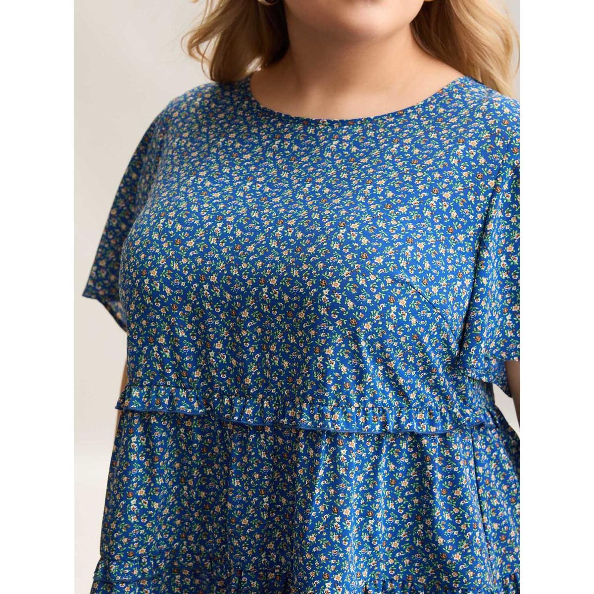 Plus Size Mediumblue Ditsy Floral Print Ruffled Tiered Blouse Women Timeless Short sleeve Round Neck Elegant Blouses BloomChic 14-16/1X Product Image