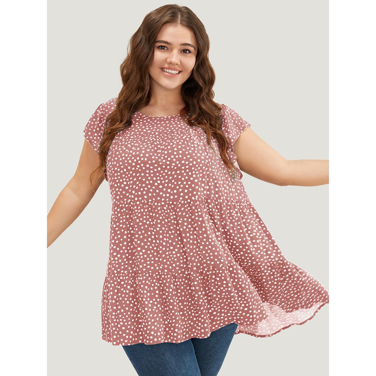 Plus Size Rouge Allover Print Cap Sleeve Ruffle Hem Gathered Blouse Women Casual Cap Sleeve Round Neck Everyday Blouses BloomChic 10/M Product Image