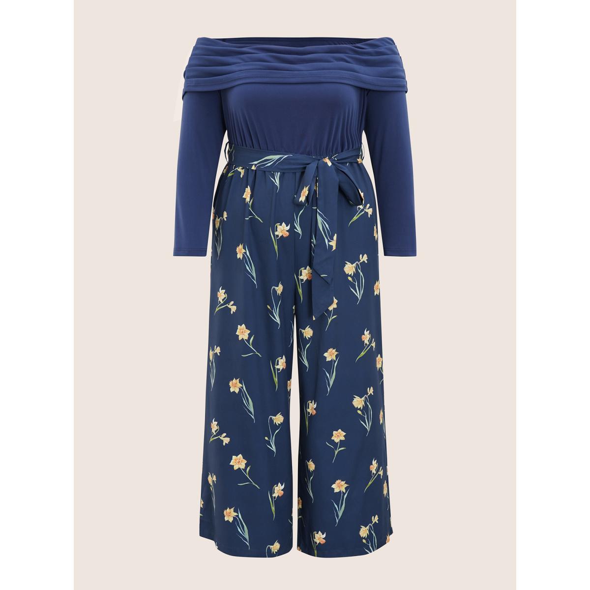 Plus Size Indigo Off Shoulder Floral Patchwork Ruched Belted Jumpsuit Women Elegant Long Sleeve One-shoulder neck Everyday Loose Jumpsuits BloomChic 12/L Product Image