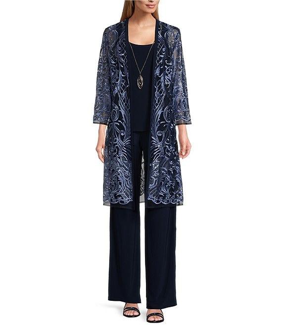 R & M Richards 3/4 Sleeve Round Neck Embellished Sequin Duster Jacket 3-Piece Pant Set Product Image