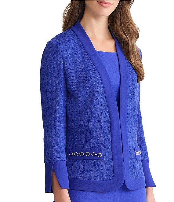 Ming Wang Tonal Knit V-Neck Long Sleeve Chain Faux Pocket Jacket Product Image