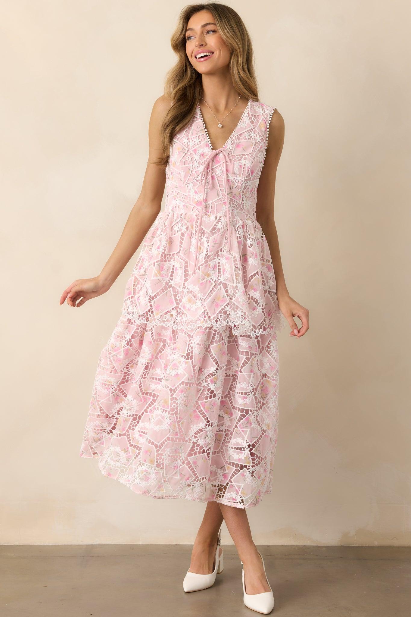Something Nice Light Pink Floral Embroidered Midi Dress Product Image