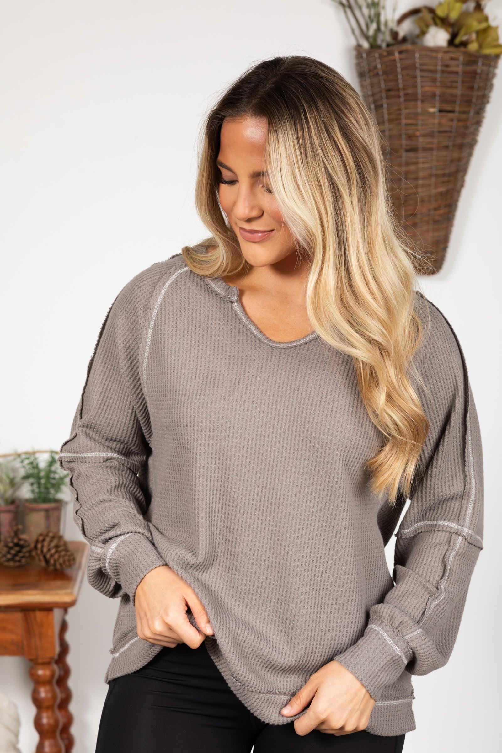 Notched Neck With Exposed Seams Knit Top Product Image