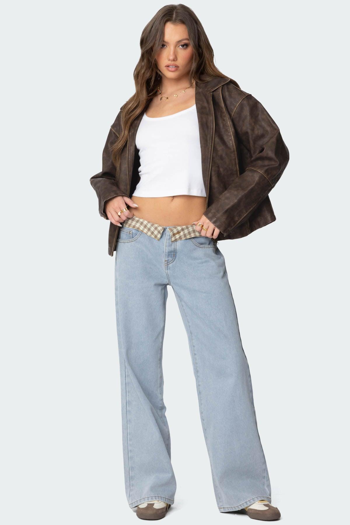 Peekaboo Plaid Low Rise Baggy Jeans Product Image