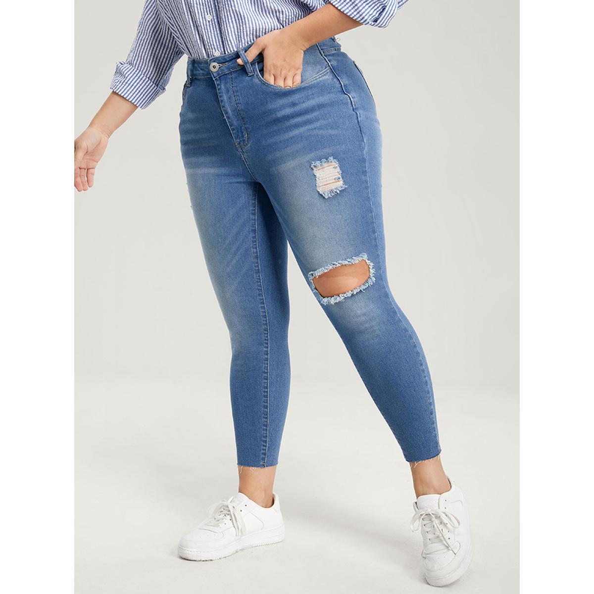 Plus Size Skinny Very Stretchy High Rise Medium Wash Distressed Jeans Women LightBlue Casual Plain High stretch Pocket Jeans BloomChic 14/1X Product Image