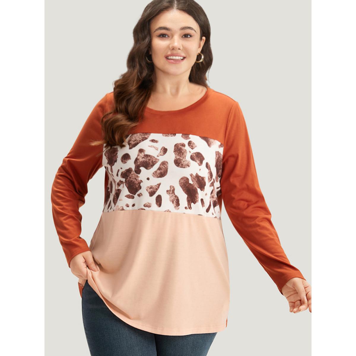 Plus Size Halloween Cow Pattern Contrast Patchwork T-shirt Chocolate Women Casual Patchwork Colorblock Round Neck Dailywear T-shirts BloomChic 14-16/1X Product Image